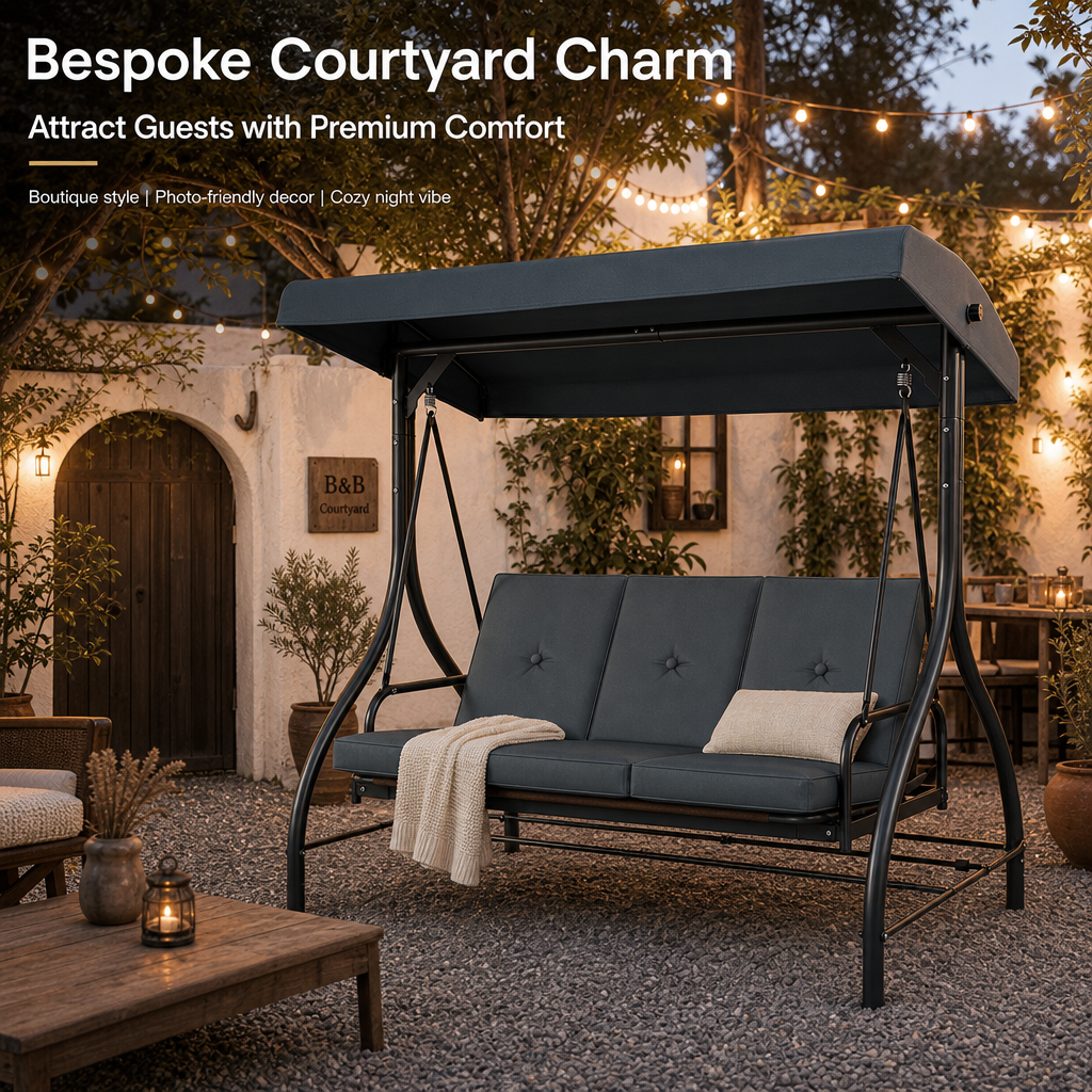 3‑Seat Convertible Outdoor Patio Swing Chair, Adjustable Canopy Porch Swing Bed with Waterproof Thick Cushion, Heavy‑Duty Metal Frame for Backyard Garden Poolside