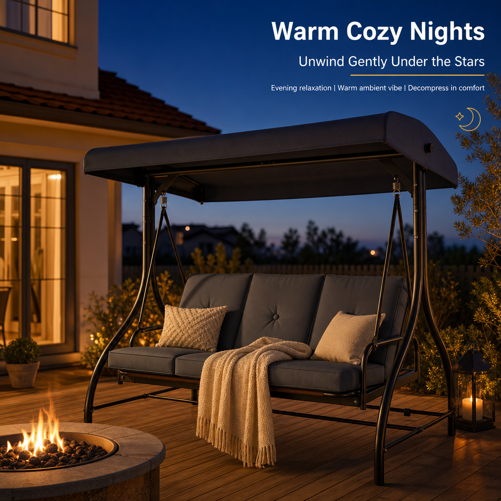 3‑Seat Convertible Outdoor Patio Swing Chair, Adjustable Canopy Porch Swing Bed with Waterproof Thick Cushion, Heavy‑Duty Metal Frame for Backyard Garden Poolside