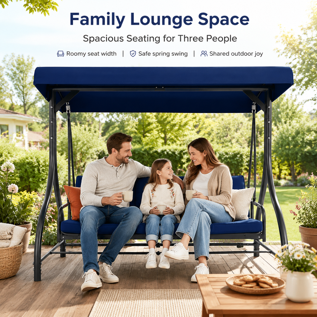 3‑Seat Convertible Outdoor Patio Swing Chair, Adjustable Canopy Porch Swing Bed with Waterproof Thick Cushion, Heavy‑Duty Metal Frame for Backyard Garden Poolside