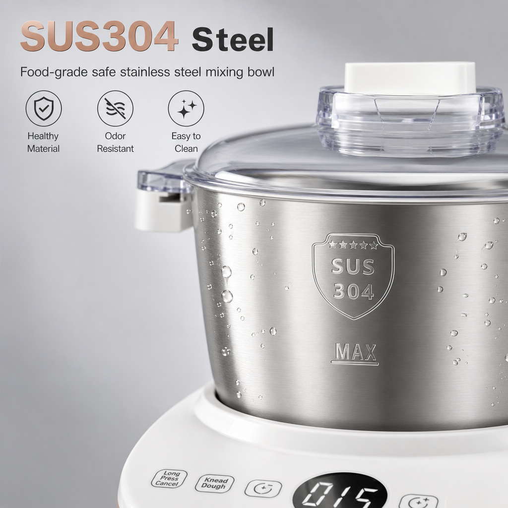 Automatic Dough Maker Machine, 15‑Min Fast Knead Dough Mixer with Fermentation Function, 304 Stainless Steel Bowl Electric Dough Kneader for Bread, Buns & Pizza