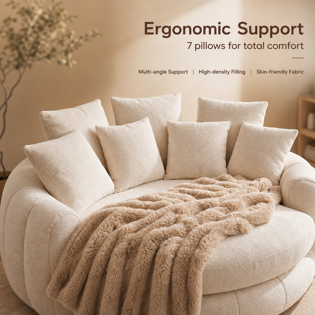 Oversized Round Cuddle Daybed Sofa, Large Circular Lounge Chair with 7 Pillows & Faux Fur Blanket, Removable Washable Cover for Bedroom Living Room