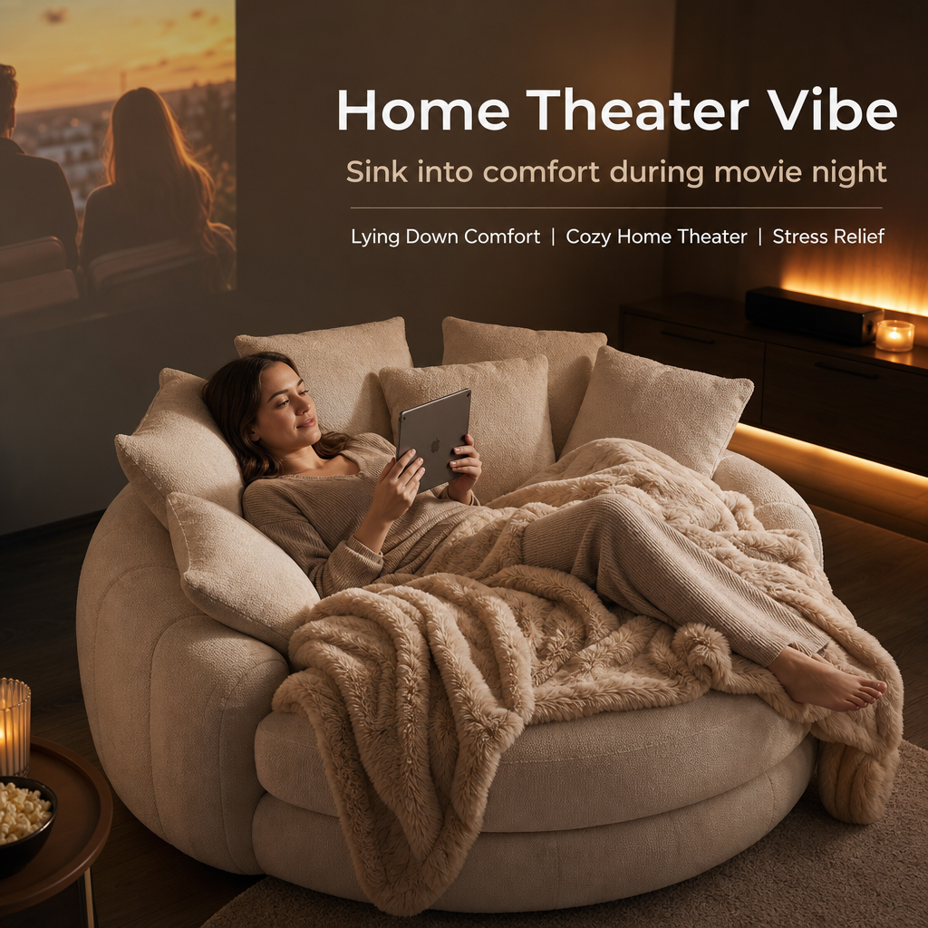 Oversized Round Cuddle Daybed Sofa, Large Circular Lounge Chair with 7 Pillows & Faux Fur Blanket, Removable Washable Cover for Bedroom Living Room