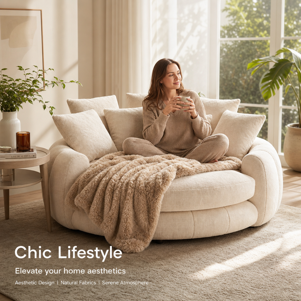Oversized Round Cuddle Daybed Sofa, Large Circular Lounge Chair with 7 Pillows & Faux Fur Blanket, Removable Washable Cover for Bedroom Living Room