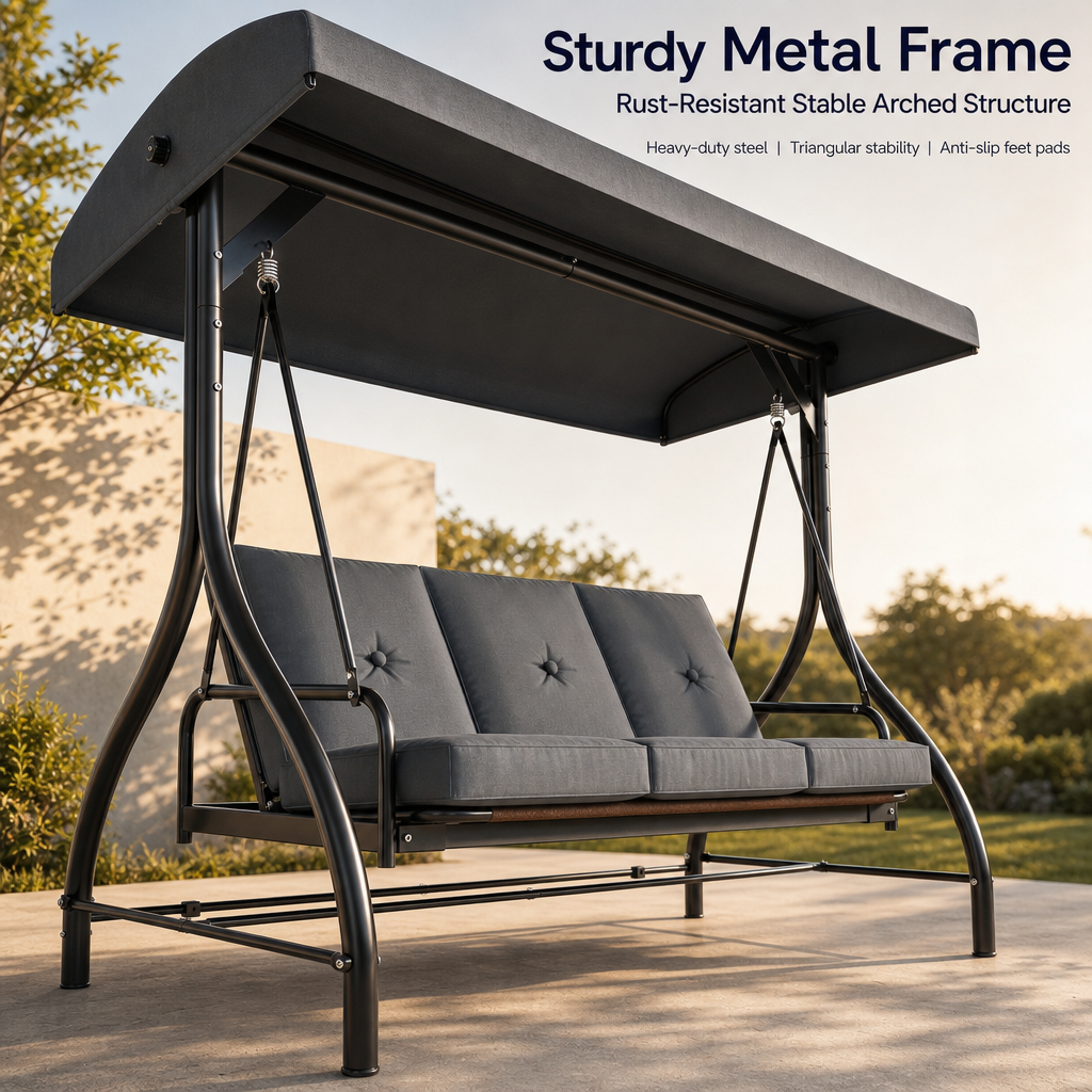 3‑Seat Convertible Outdoor Patio Swing Chair, Adjustable Canopy Porch Swing Bed with Waterproof Thick Cushion, Heavy‑Duty Metal Frame for Backyard Garden Poolside