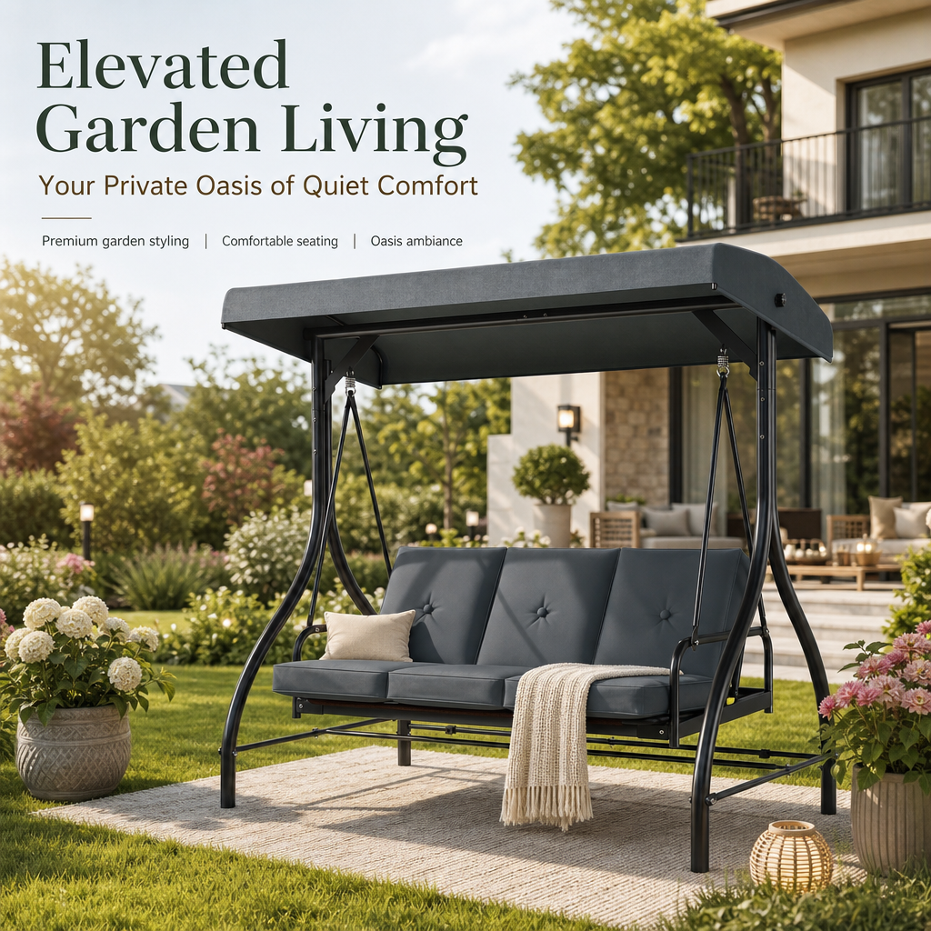 3‑Seat Convertible Outdoor Patio Swing Chair, Adjustable Canopy Porch Swing Bed with Waterproof Thick Cushion, Heavy‑Duty Metal Frame for Backyard Garden Poolside