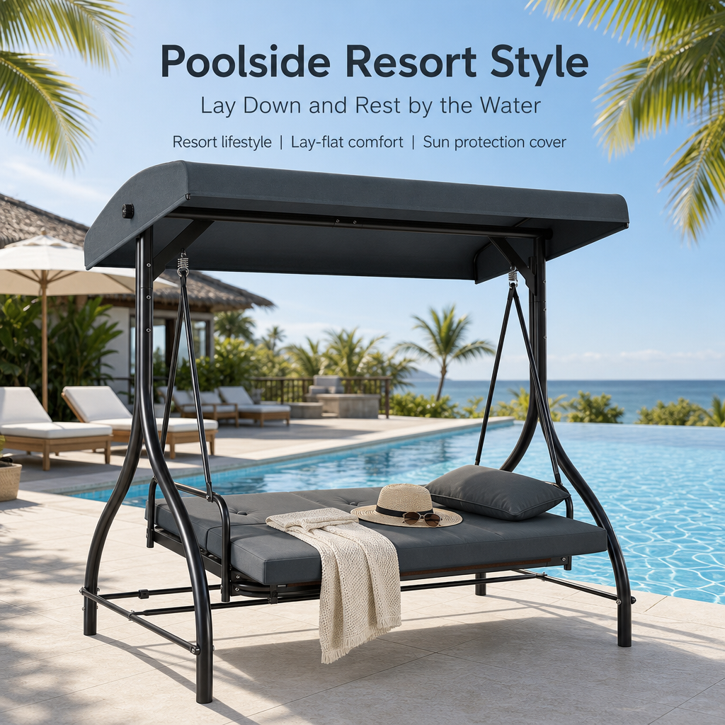 3‑Seat Convertible Outdoor Patio Swing Chair, Adjustable Canopy Porch Swing Bed with Waterproof Thick Cushion, Heavy‑Duty Metal Frame for Backyard Garden Poolside