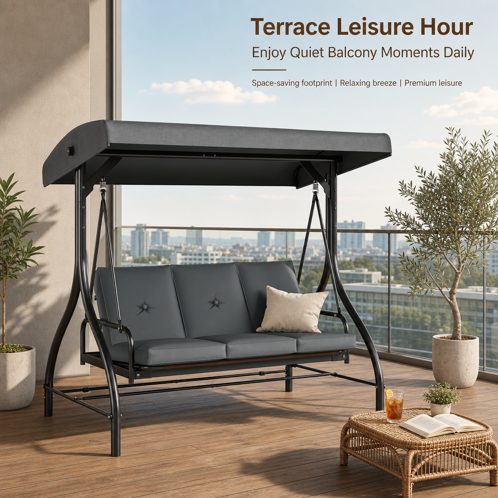 3‑Seat Convertible Outdoor Patio Swing Chair, Adjustable Canopy Porch Swing Bed with Waterproof Thick Cushion, Heavy‑Duty Metal Frame for Backyard Garden Poolside