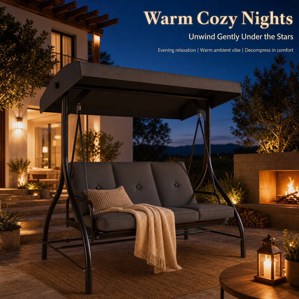 3‑Seat Convertible Outdoor Patio Swing Chair, Adjustable Canopy Porch Swing Bed with Waterproof Thick Cushion, Heavy‑Duty Metal Frame for Backyard Garden Poolside