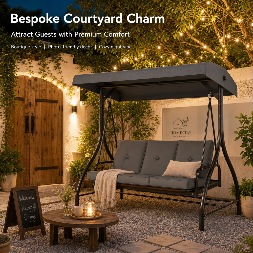 3‑Seat Convertible Outdoor Patio Swing Chair, Adjustable Canopy Porch Swing Bed with Waterproof Thick Cushion, Heavy‑Duty Metal Frame for Backyard Garden Poolside