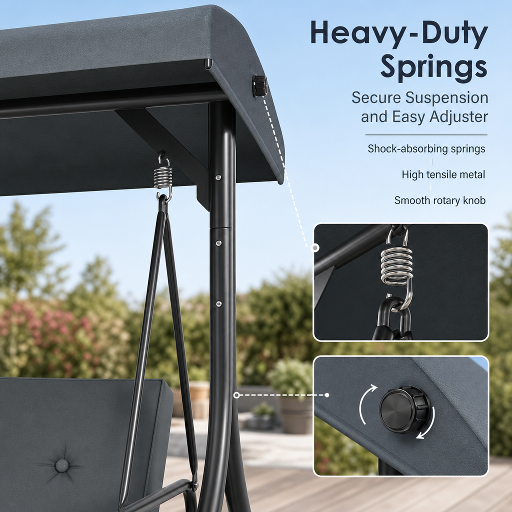 3‑Seat Convertible Outdoor Patio Swing Chair, Adjustable Canopy Porch Swing Bed with Waterproof Thick Cushion, Heavy‑Duty Metal Frame for Backyard Garden Poolside