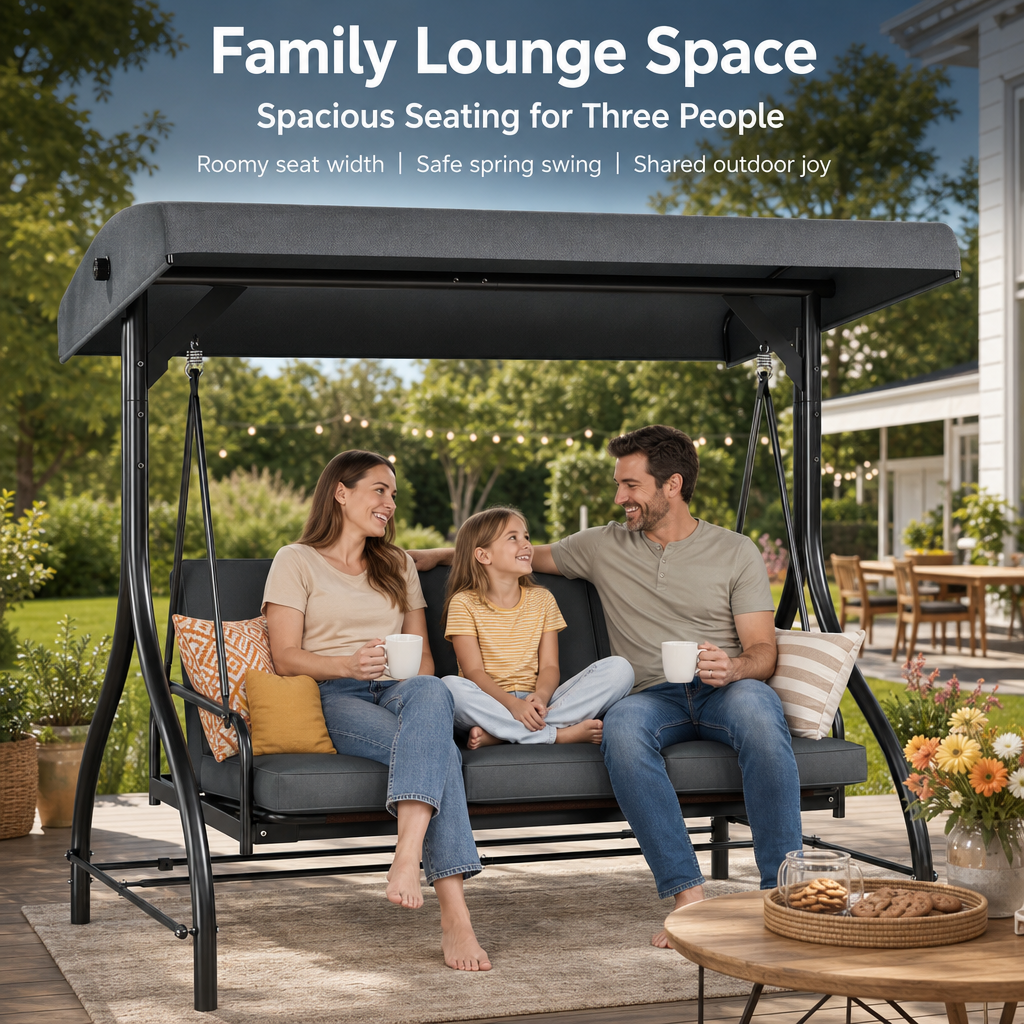 3‑Seat Convertible Outdoor Patio Swing Chair, Adjustable Canopy Porch Swing Bed with Waterproof Thick Cushion, Heavy‑Duty Metal Frame for Backyard Garden Poolside
