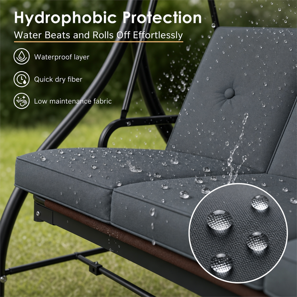 3‑Seat Convertible Outdoor Patio Swing Chair, Adjustable Canopy Porch Swing Bed with Waterproof Thick Cushion, Heavy‑Duty Metal Frame for Backyard Garden Poolside