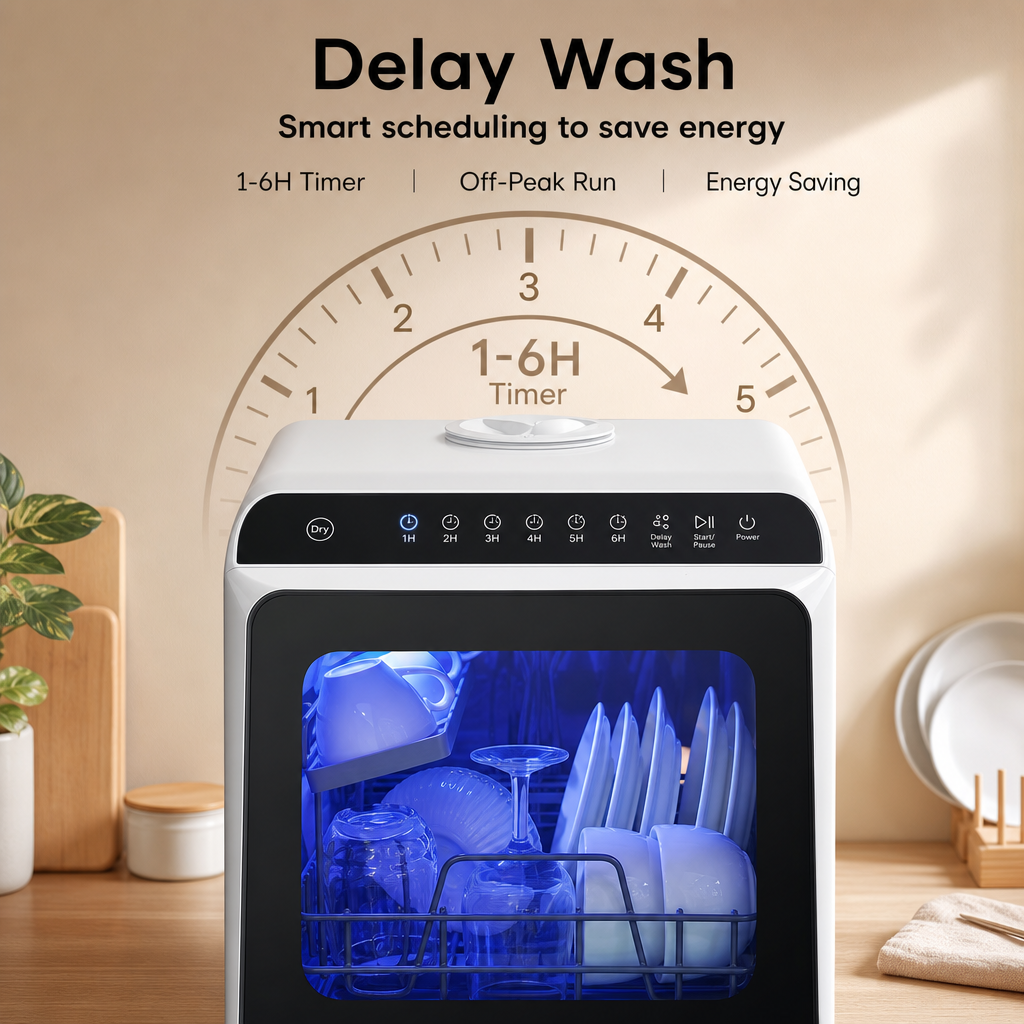 No‑Install Countertop Dishwasher, Portable Tabletop Dish Washing Machine with Dual‑Layer Rack, Blue‑Light Disinfection, Hot Air Drying & Delay Timer for Apartment RV Small Kitchen