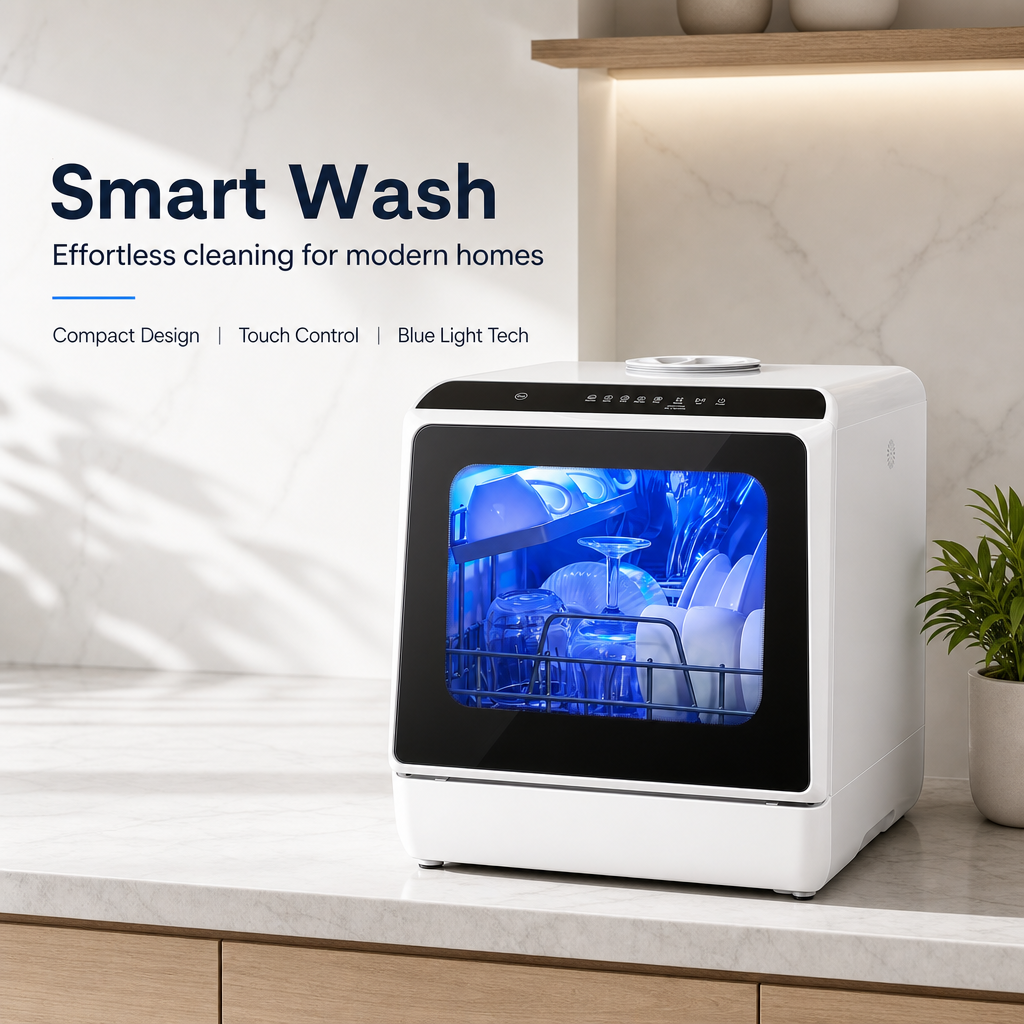No‑Install Countertop Dishwasher, Portable Tabletop Dish Washing Machine with Dual‑Layer Rack, Blue‑Light Disinfection, Hot Air Drying & Delay Timer for Apartment RV Small Kitchen