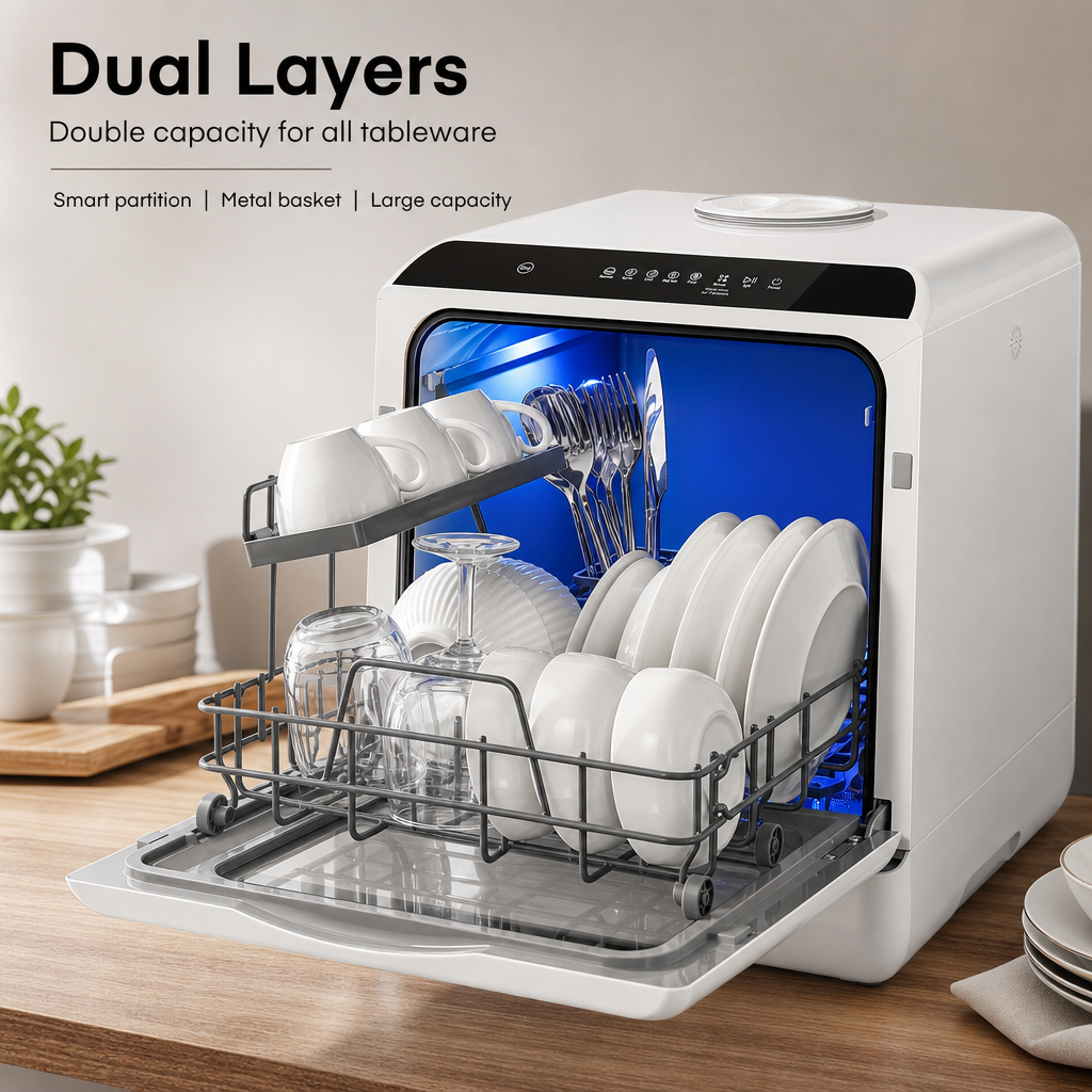 No‑Install Countertop Dishwasher, Portable Tabletop Dish Washing Machine with Dual‑Layer Rack, Blue‑Light Disinfection, Hot Air Drying & Delay Timer for Apartment RV Small Kitchen