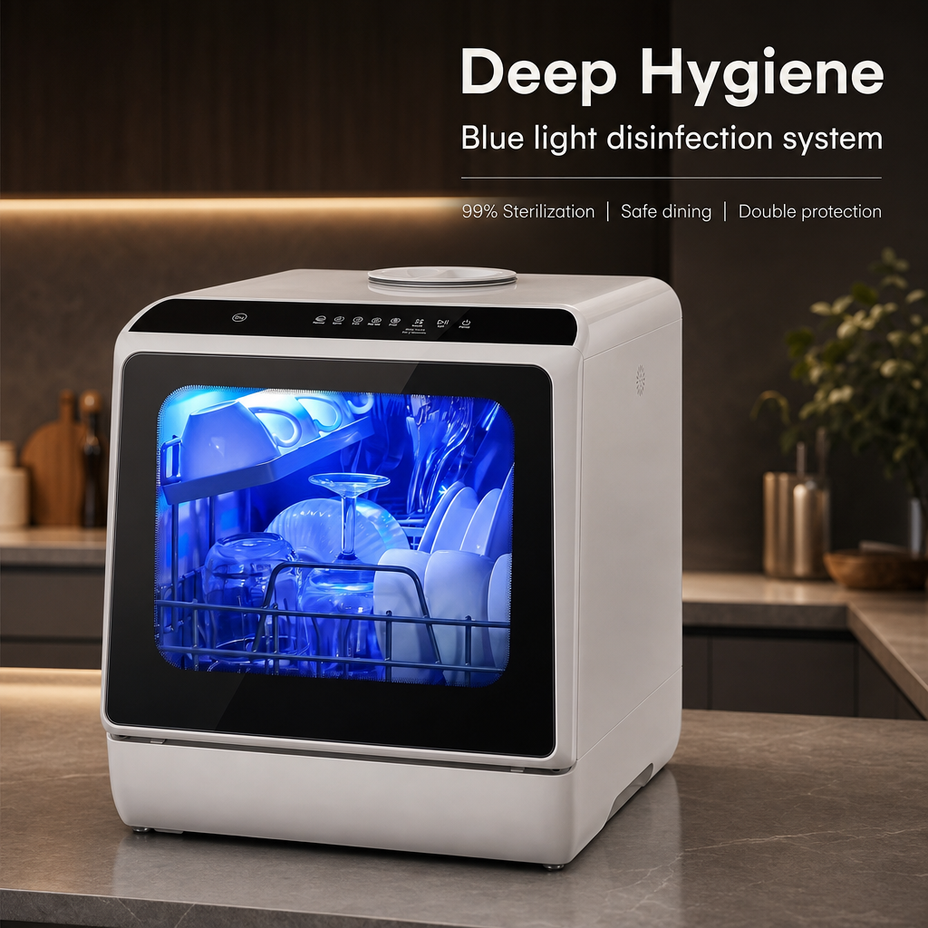 No‑Install Countertop Dishwasher, Portable Tabletop Dish Washing Machine with Dual‑Layer Rack, Blue‑Light Disinfection, Hot Air Drying & Delay Timer for Apartment RV Small Kitchen