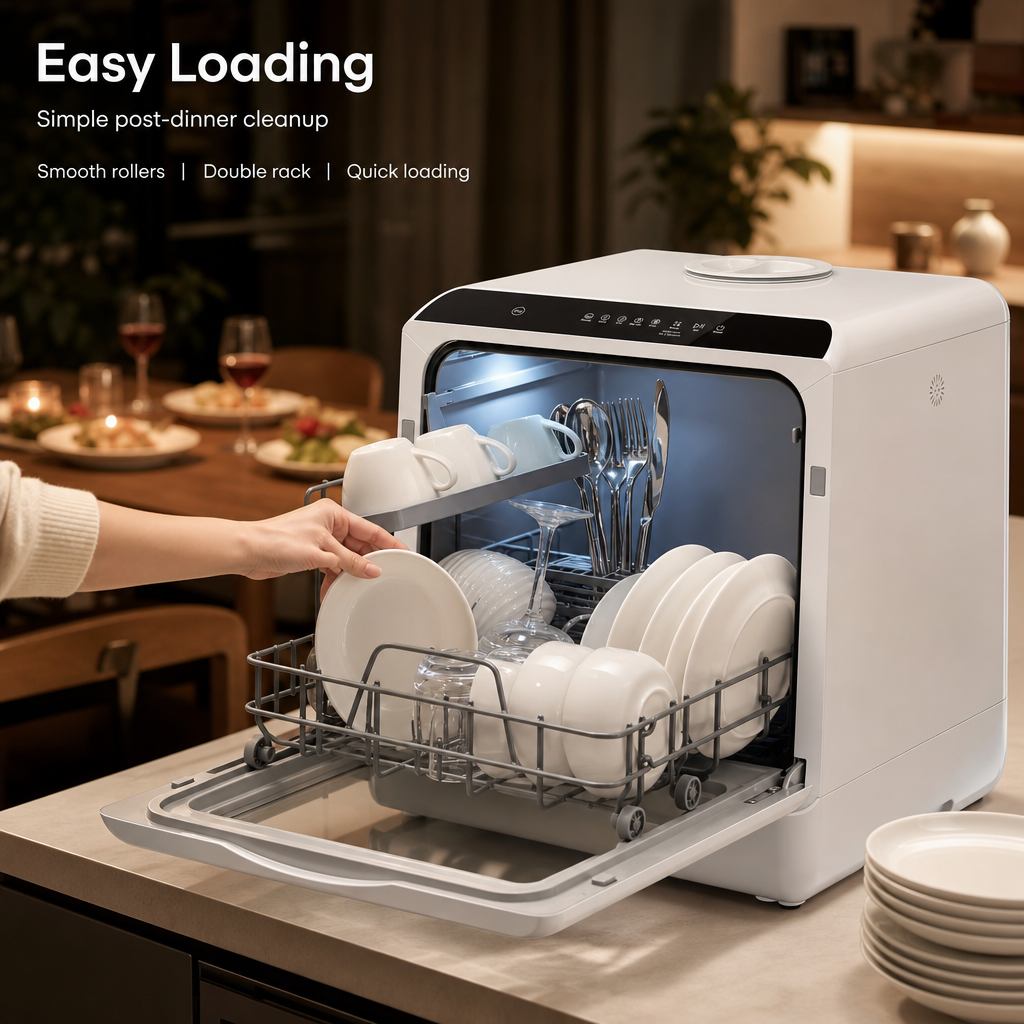 No‑Install Countertop Dishwasher, Portable Tabletop Dish Washing Machine with Dual‑Layer Rack, Blue‑Light Disinfection, Hot Air Drying & Delay Timer for Apartment RV Small Kitchen