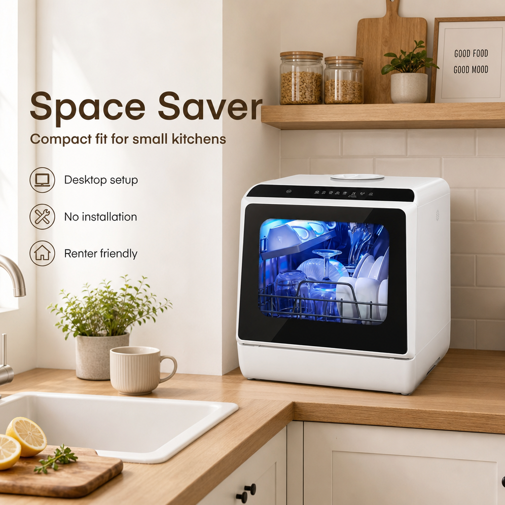 No‑Install Countertop Dishwasher, Portable Tabletop Dish Washing Machine with Dual‑Layer Rack, Blue‑Light Disinfection, Hot Air Drying & Delay Timer for Apartment RV Small Kitchen
