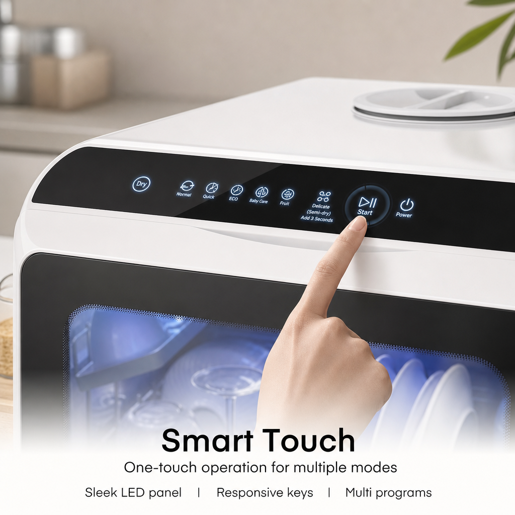 No‑Install Countertop Dishwasher, Portable Tabletop Dish Washing Machine with Dual‑Layer Rack, Blue‑Light Disinfection, Hot Air Drying & Delay Timer for Apartment RV Small Kitchen