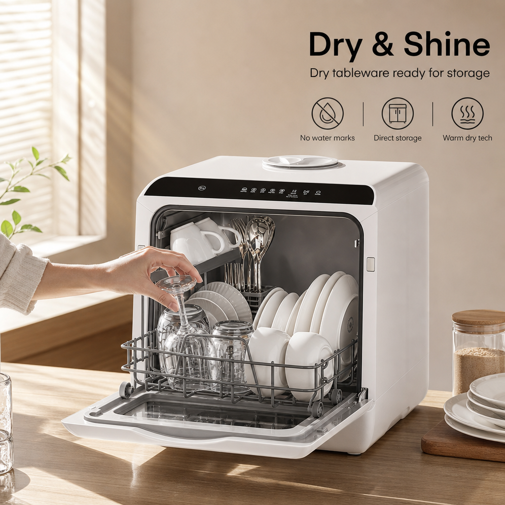 No‑Install Countertop Dishwasher, Portable Tabletop Dish Washing Machine with Dual‑Layer Rack, Blue‑Light Disinfection, Hot Air Drying & Delay Timer for Apartment RV Small Kitchen