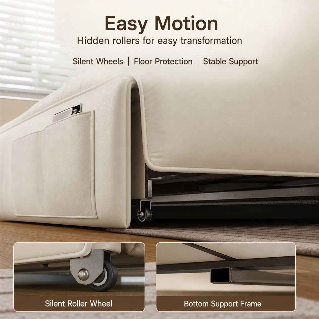 3‑in‑1 Convertible Folding Sofa Bed, Multi‑Mode Sleeper Couch with Silent Moving Wheels & Side Storage Pockets, High‑Density Padded Sofa Bed for Living Room Apartment Guest Room