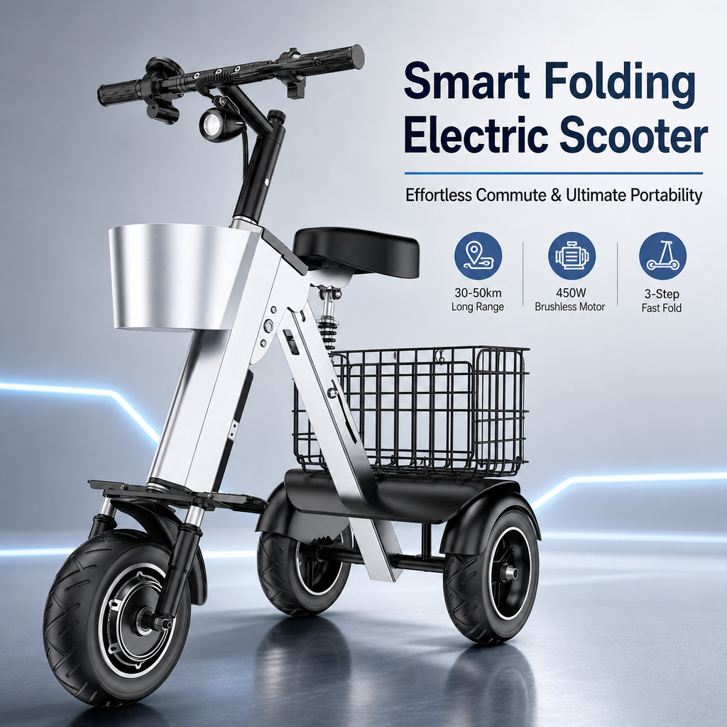 3‑Wheel Folding Electric Scooter, 450W Brushless Motor 30‑50KM Range Removable Battery, Airline Approved Foldable E‑Scooter with Basket & Quad Suspension for City Commute Travel