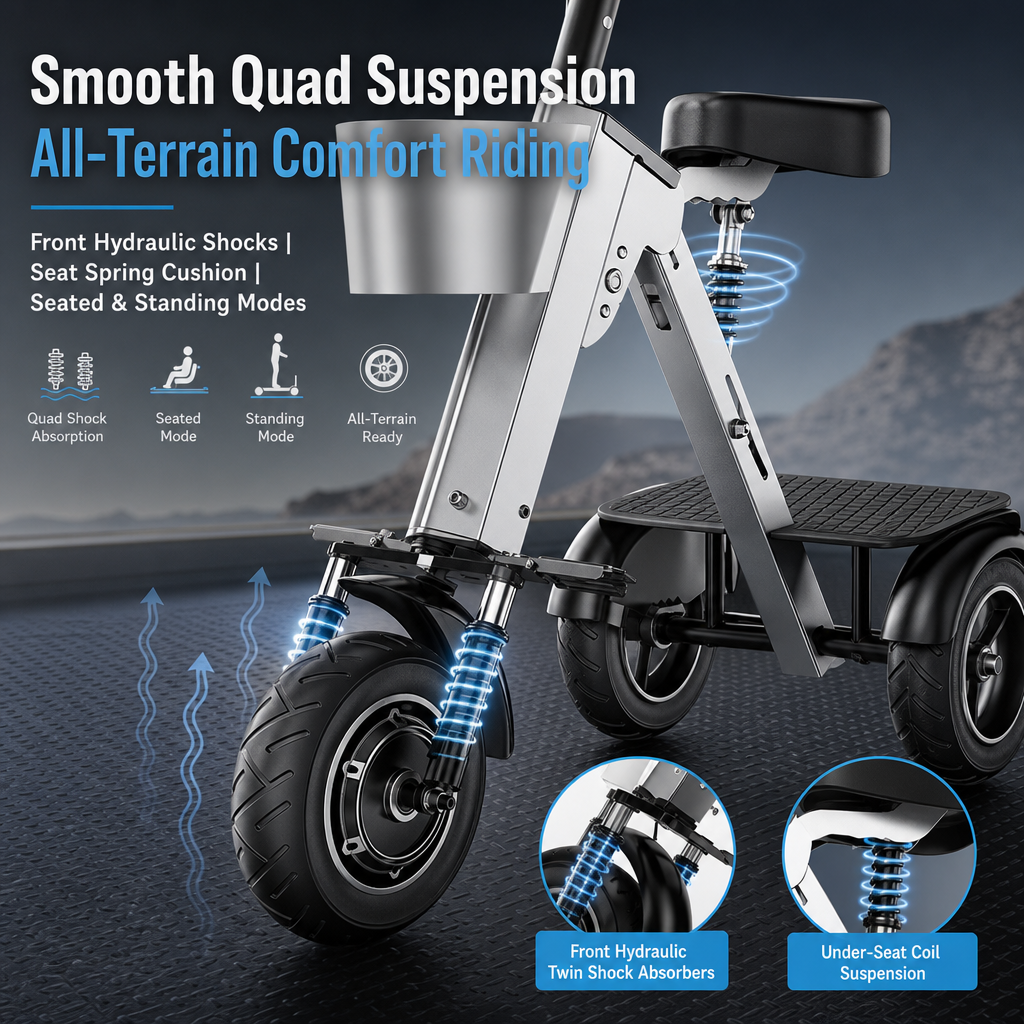 3‑Wheel Folding Electric Scooter, 450W Brushless Motor 30‑50KM Range Removable Battery, Airline Approved Foldable E‑Scooter with Basket & Quad Suspension for City Commute Travel