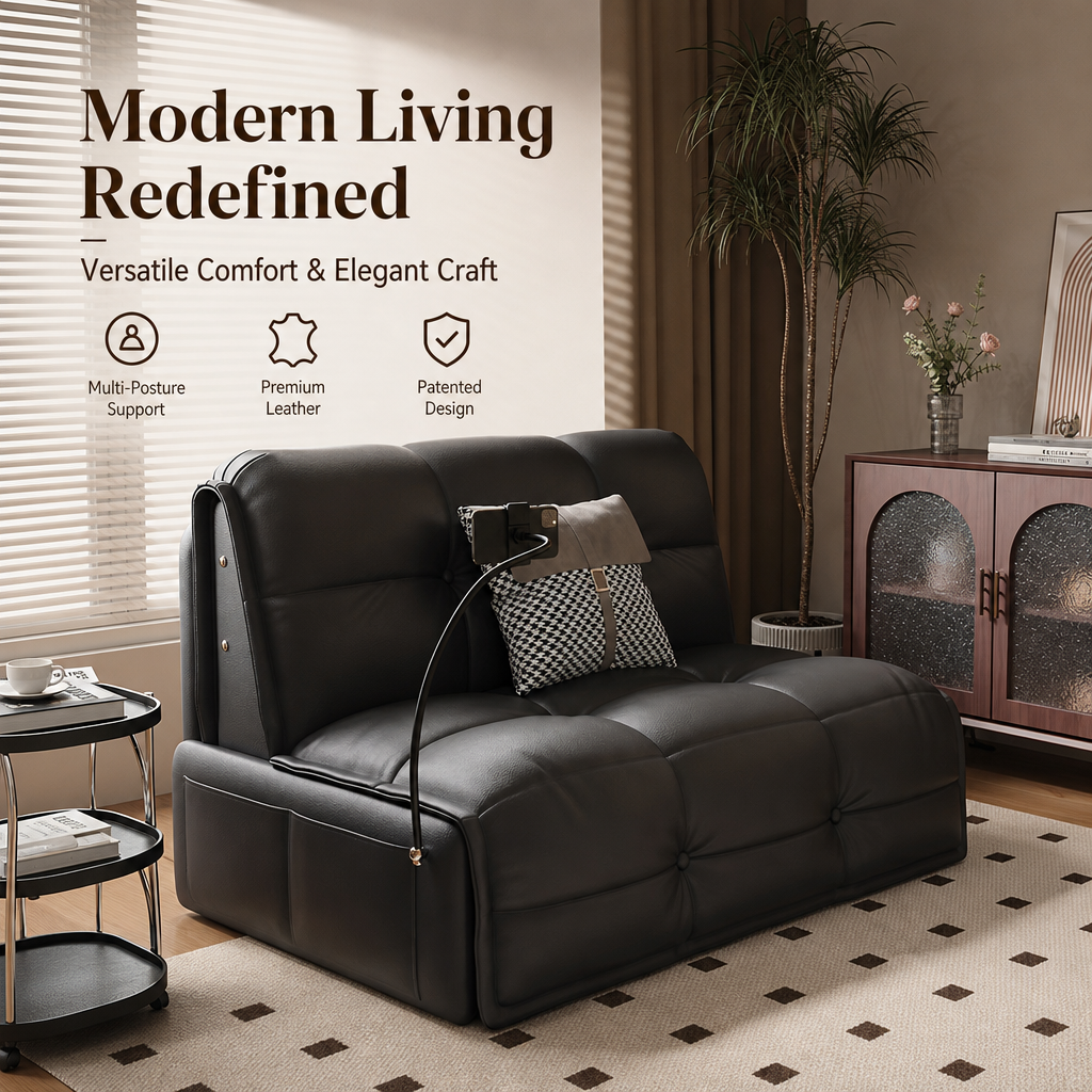 2‑in‑1 Convertible Sofa Bed with Built‑in Phone Holder & Large Storage Drawer, Faux‑Leather Pull‑Out Sleeper Sofa with Silent Wheels, Multi‑Functional Couch for Small Apartment Studio