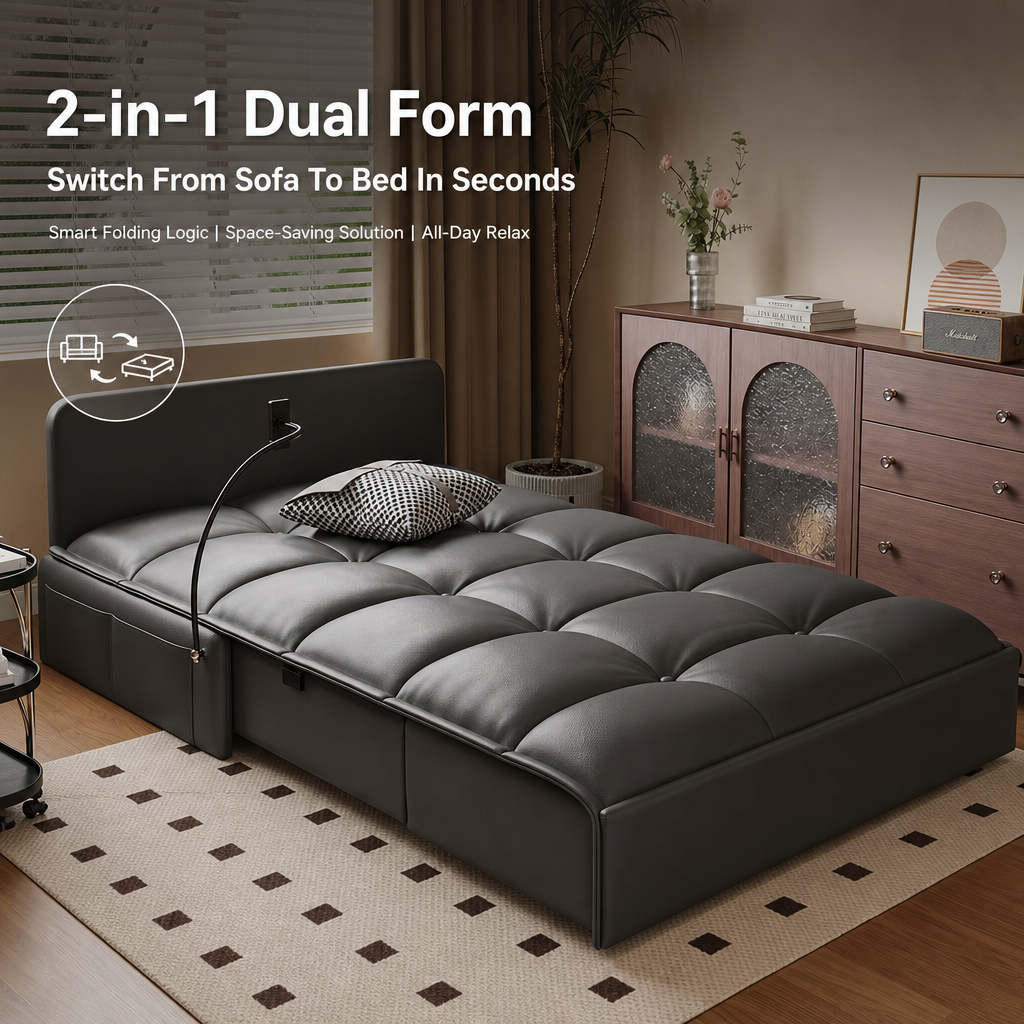 2‑in‑1 Convertible Sofa Bed with Built‑in Phone Holder & Large Storage Drawer, Faux‑Leather Pull‑Out Sleeper Sofa with Silent Wheels, Multi‑Functional Couch for Small Apartment Studio