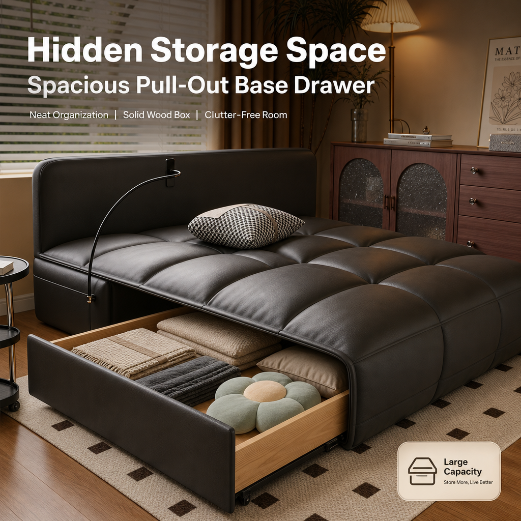 2‑in‑1 Convertible Sofa Bed with Built‑in Phone Holder & Large Storage Drawer, Faux‑Leather Pull‑Out Sleeper Sofa with Silent Wheels, Multi‑Functional Couch for Small Apartment Studio