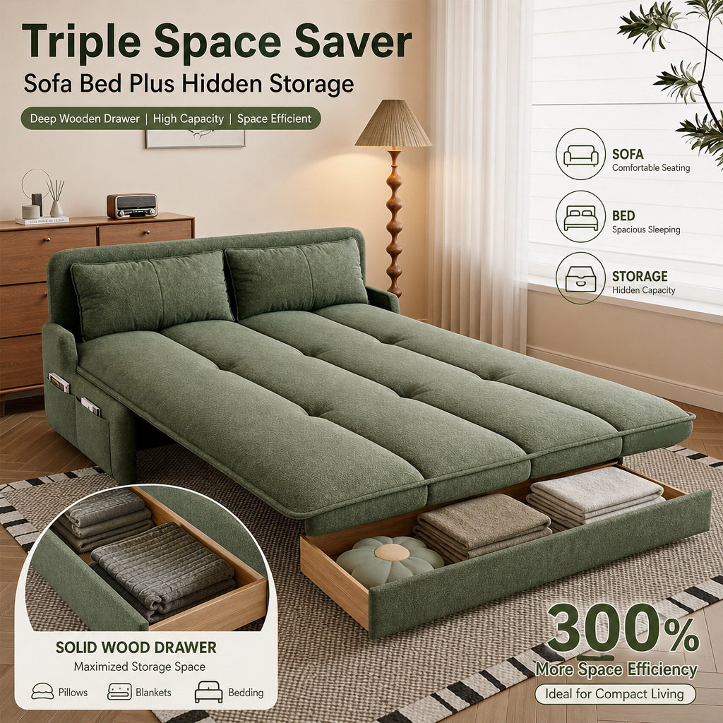 3‑in‑1 Convertible Sofa Bed with Solid Wood Storage Drawer, Adjustable Recliner Sleeper Couch with Side Pockets, Soft Linen Fabric Multi‑Position Sofa for Small Apartment Studio