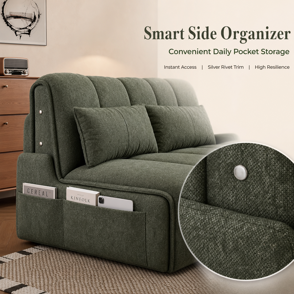 3‑in‑1 Convertible Sofa Bed with Solid Wood Storage Drawer, Adjustable Recliner Sleeper Couch with Side Pockets, Soft Linen Fabric Multi‑Position Sofa for Small Apartment Studio