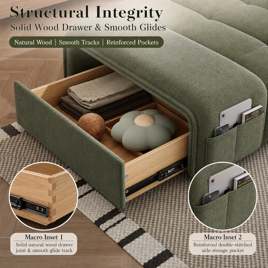 3‑in‑1 Convertible Sofa Bed with Solid Wood Storage Drawer, Adjustable Recliner Sleeper Couch with Side Pockets, Soft Linen Fabric Multi‑Position Sofa for Small Apartment Studio
