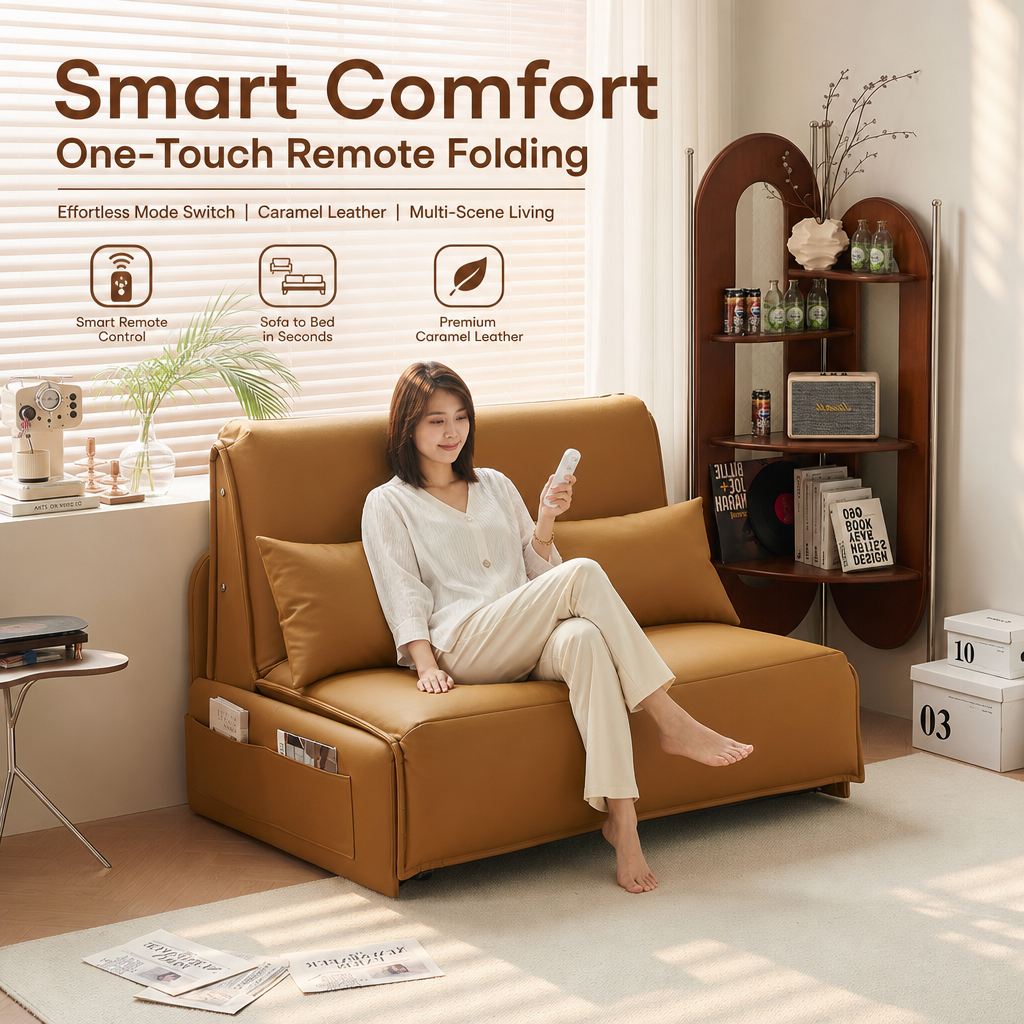 Remote‑Control Convertible Sofa Bed, Multi‑Position Electric Faux‑Leather Sleeper Sofa with Side Storage Pockets & Silent Wheels, Multi‑Mode Lounge Couch for Small Apartment Studio Home Office