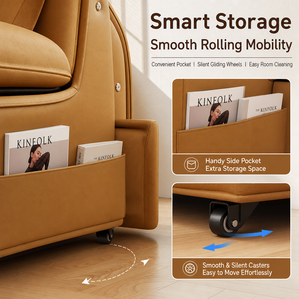 Remote‑Control Convertible Sofa Bed, Multi‑Position Electric Faux‑Leather Sleeper Sofa with Side Storage Pockets & Silent Wheels, Multi‑Mode Lounge Couch for Small Apartment Studio Home Office