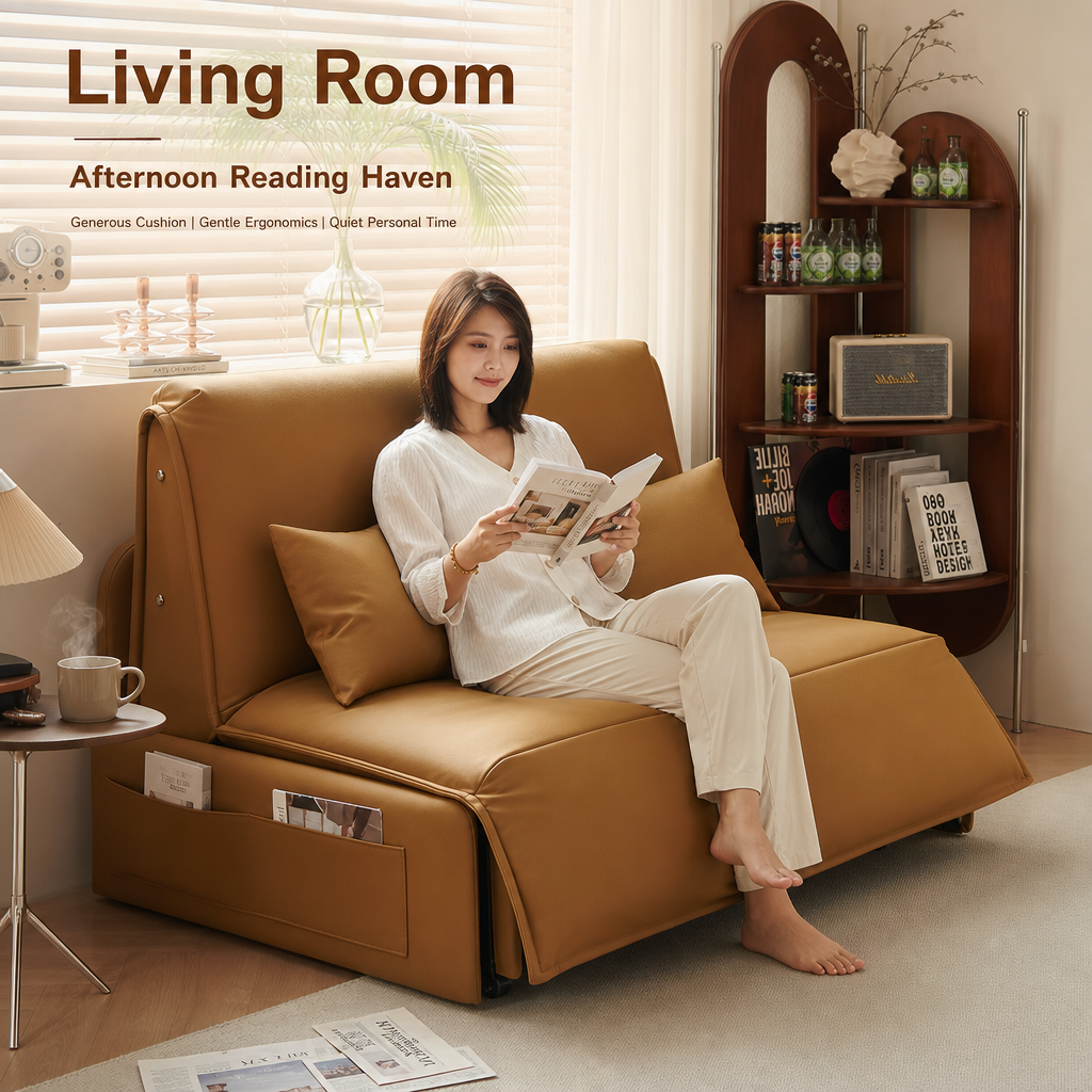 Remote‑Control Convertible Sofa Bed, Multi‑Position Electric Faux‑Leather Sleeper Sofa with Side Storage Pockets & Silent Wheels, Multi‑Mode Lounge Couch for Small Apartment Studio Home Office