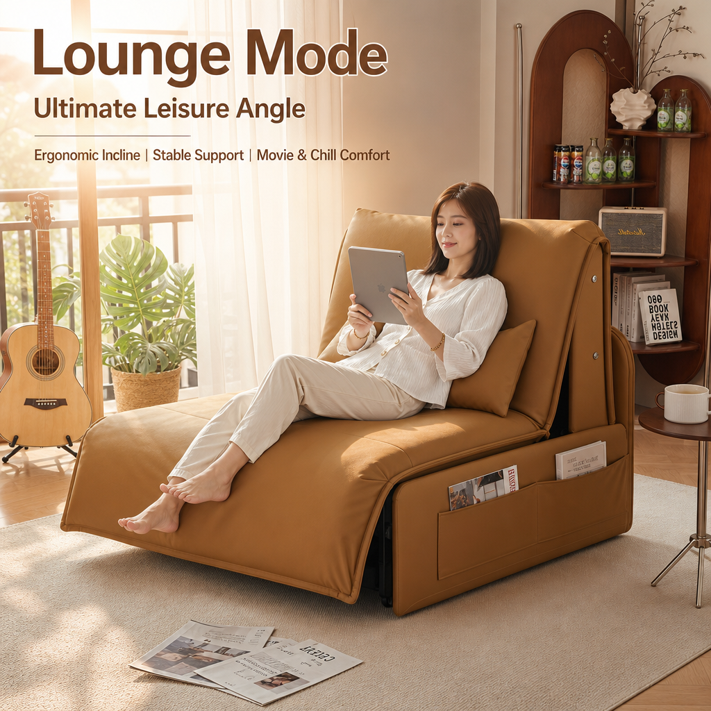 Remote‑Control Convertible Sofa Bed, Multi‑Position Electric Faux‑Leather Sleeper Sofa with Side Storage Pockets & Silent Wheels, Multi‑Mode Lounge Couch for Small Apartment Studio Home Office