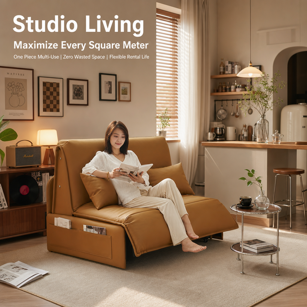 Remote‑Control Convertible Sofa Bed, Multi‑Position Electric Faux‑Leather Sleeper Sofa with Side Storage Pockets & Silent Wheels, Multi‑Mode Lounge Couch for Small Apartment Studio Home Office