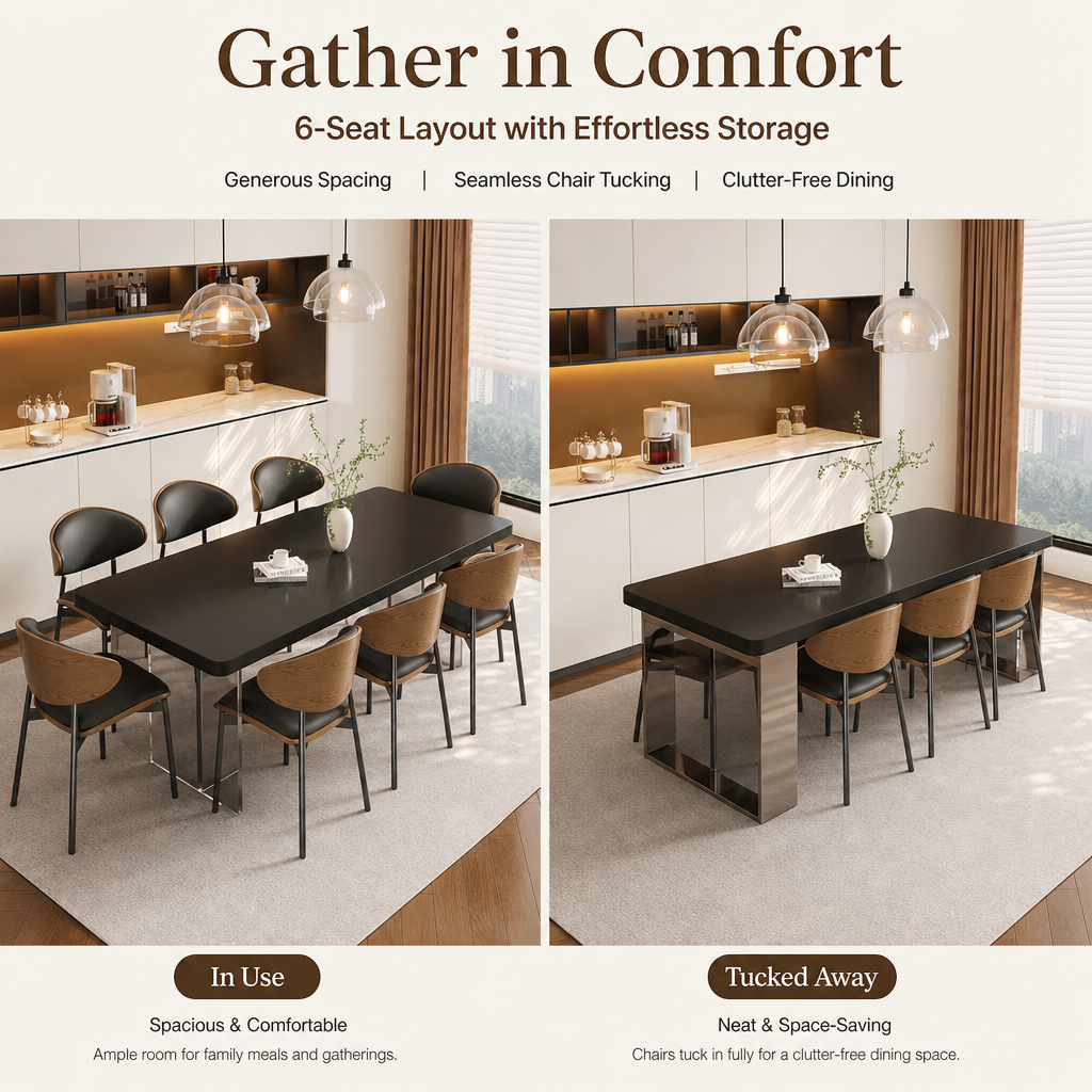 Modern Rectangular Dining Table Set with Smoked Acrylic Legs, 6‑Person Dining Table & Ergonomic PU Leather Chairs, Heavy‑Duty Dinner Table Set for Home Kitchen Living Room
