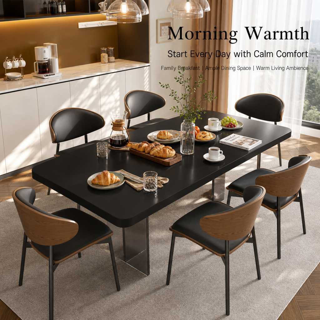 Modern Rectangular Dining Table Set with Smoked Acrylic Legs, 6‑Person Dining Table & Ergonomic PU Leather Chairs, Heavy‑Duty Dinner Table Set for Home Kitchen Living Room