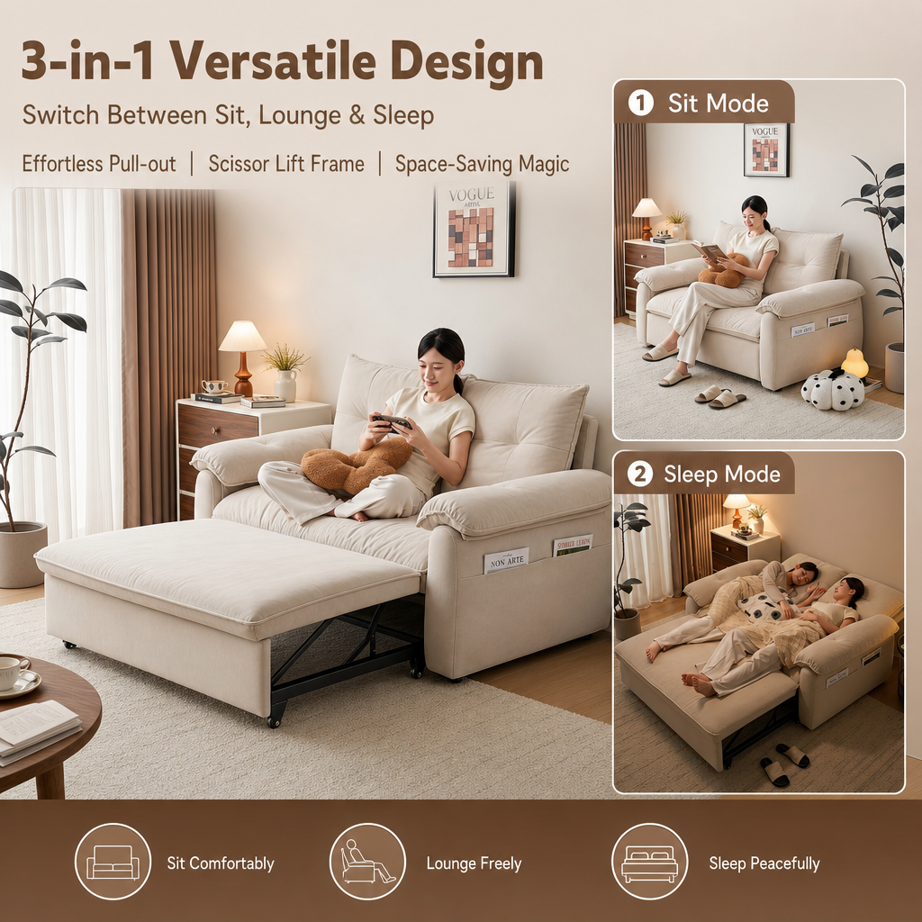 Cloud Nest Pull‑Out Sofa Bed, 3‑in‑1 Convertible Couch with Cat‑Scratch Removable Washable Fabric