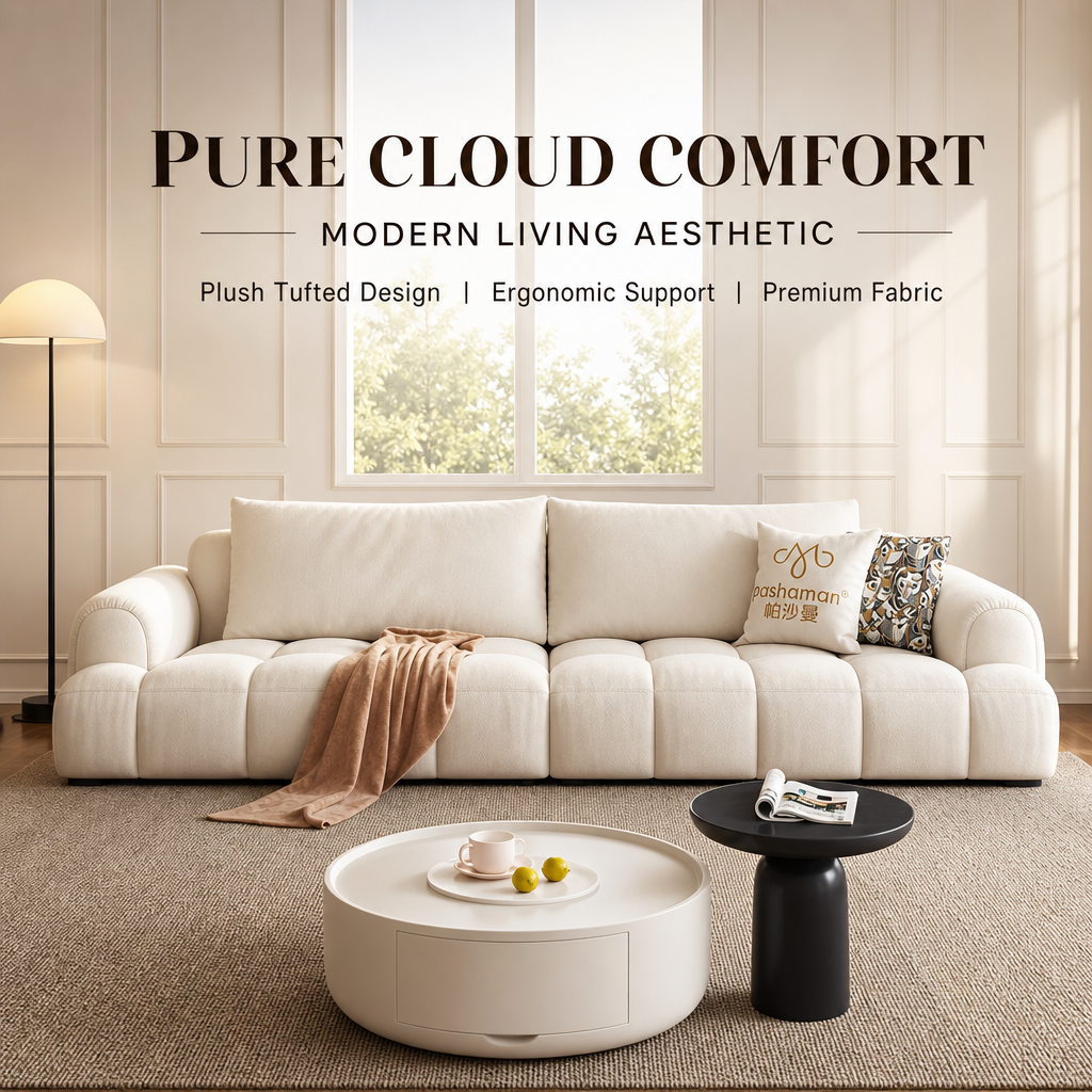 218cm Cloud‑Style Tufted Sofa, Modern Cream Fabric 3‑Seater Couch with USB Charging Port & Washable Slipcover, Pet‑Friendly Deep Seat Sofa for Living Room Apartment