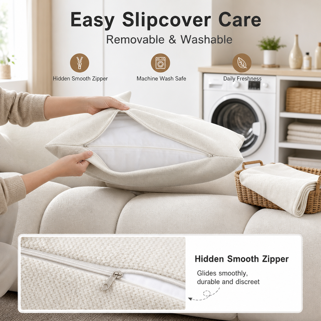 218cm Cloud‑Style Tufted Sofa, Modern Cream Fabric 3‑Seater Couch with USB Charging Port & Washable Slipcover, Pet‑Friendly Deep Seat Sofa for Living Room Apartment
