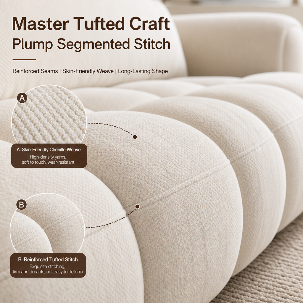218cm Cloud‑Style Tufted Sofa, Modern Cream Fabric 3‑Seater Couch with USB Charging Port & Washable Slipcover, Pet‑Friendly Deep Seat Sofa for Living Room Apartment