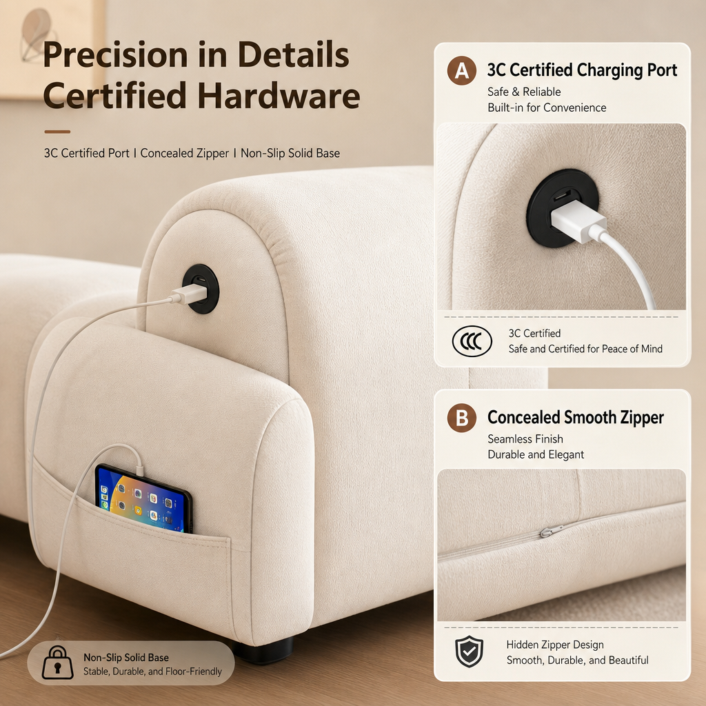 218cm Cloud‑Style Tufted Sofa, Modern Cream Fabric 3‑Seater Couch with USB Charging Port & Washable Slipcover, Pet‑Friendly Deep Seat Sofa for Living Room Apartment