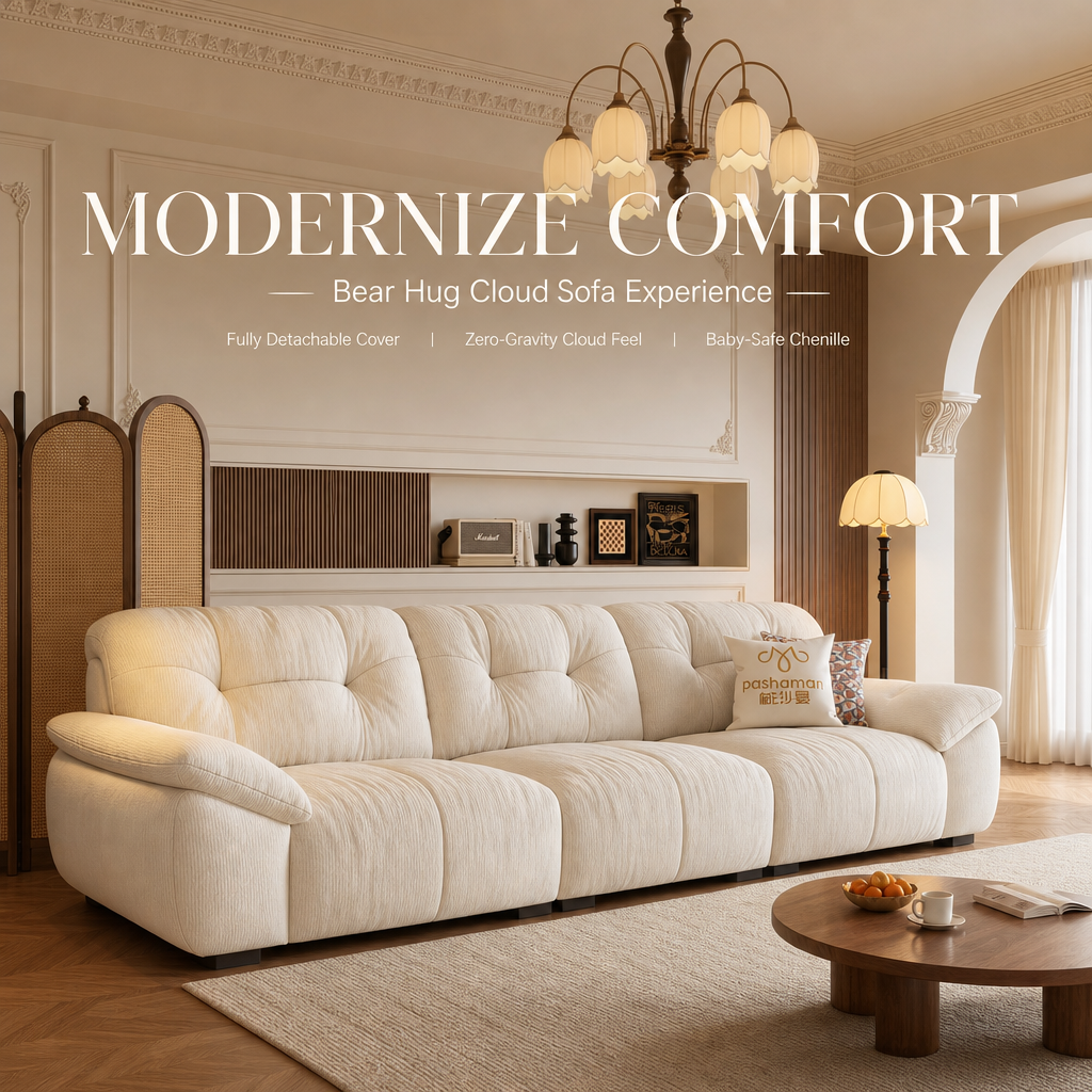 Bear Hug Cloud Chenille Sofa, Modern Cream 3‑Seater Tufted Couch, Baby‑Safe Removable Machine Washable Cover, Ergonomic Deep Seat Zero‑Gravity Sofa for Living Room