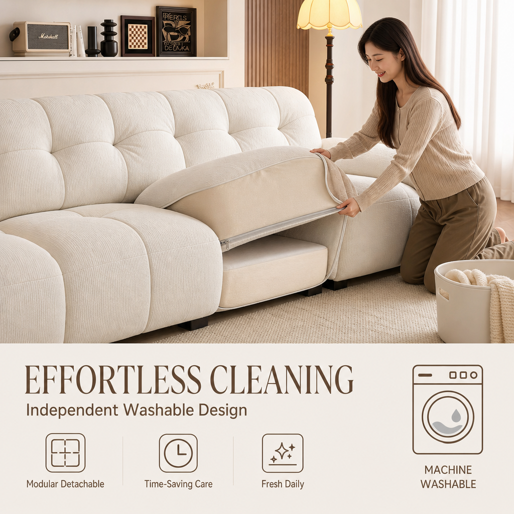 Bear Hug Cloud Chenille Sofa, Modern Cream 3‑Seater Tufted Couch, Baby‑Safe Removable Machine Washable Cover, Ergonomic Deep Seat Zero‑Gravity Sofa for Living Room