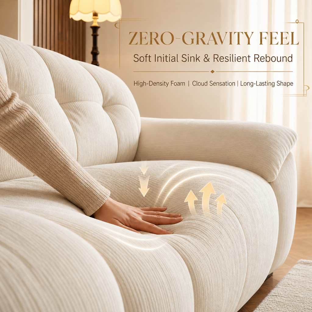 Bear Hug Cloud Chenille Sofa, Modern Cream 3‑Seater Tufted Couch, Baby‑Safe Removable Machine Washable Cover, Ergonomic Deep Seat Zero‑Gravity Sofa for Living Room