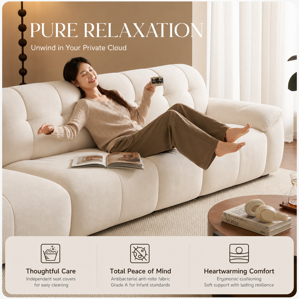 Bear Hug Cloud Chenille Sofa, Modern Cream 3‑Seater Tufted Couch, Baby‑Safe Removable Machine Washable Cover, Ergonomic Deep Seat Zero‑Gravity Sofa for Living Room