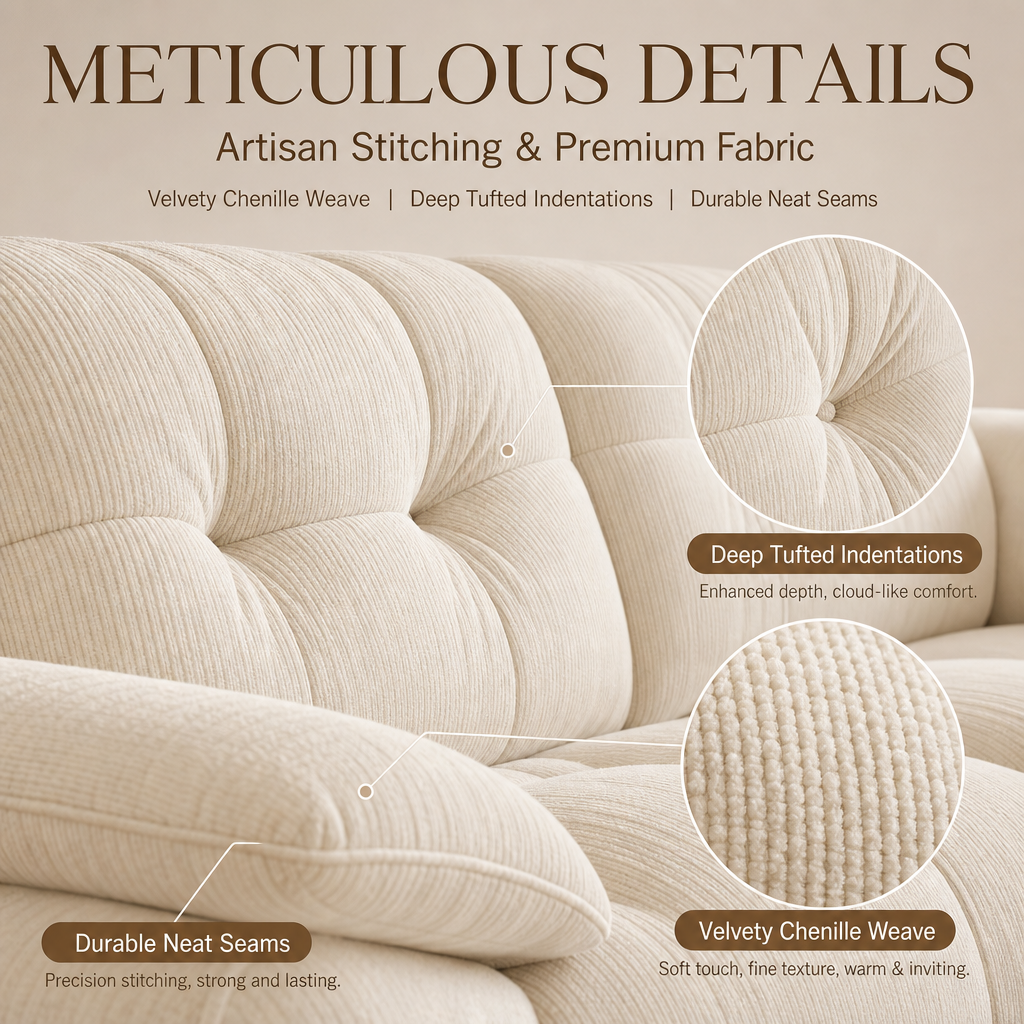 Bear Hug Cloud Chenille Sofa, Modern Cream 3‑Seater Tufted Couch, Baby‑Safe Removable Machine Washable Cover, Ergonomic Deep Seat Zero‑Gravity Sofa for Living Room
